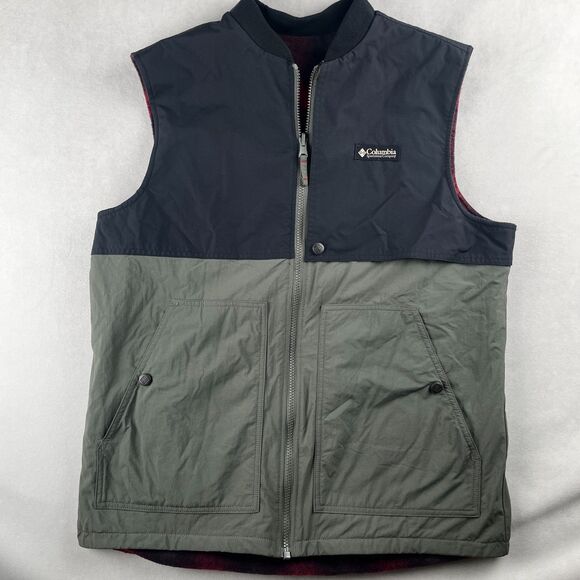 Columbia Vest Men M Black Green Reversible Fleece Plaid Lined Full Zip Hike Fish - Picture 2 of 11